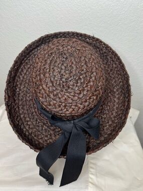 Helen Kaminski Raffia Straw Hat Brown Wide Brim Sun Hat Madagascar Ribbon Resort